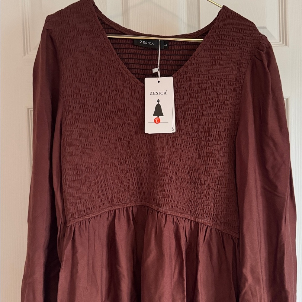 Zesica Smocked V-Neck Tiered Dress in Brown Size Large - Picture 2 of 9